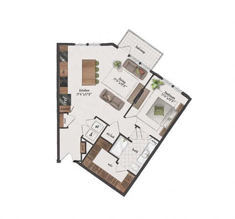 Floor plan for 1 bed, 1 bath, 869 sqft